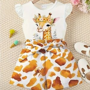 SHEIN White and Orange Giraffe Print Kids Matching Set